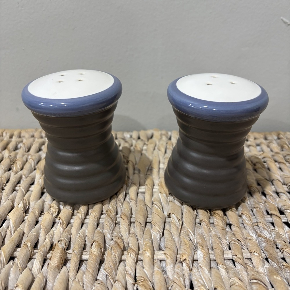 Pfaltzgraff Mystic Charcoal Gray Blue White Ribbed Salt & Pepper Shakers 3" Inch